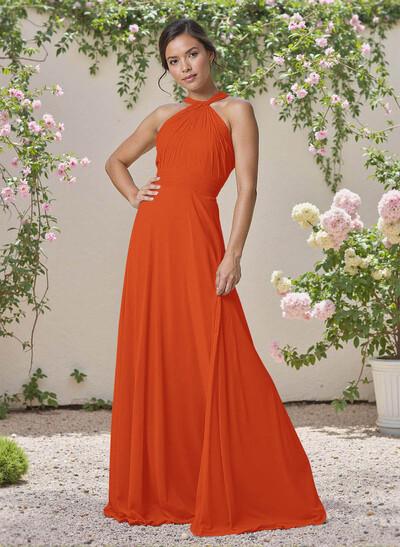 Classic Halter Sleeveless A-Line Floor-Length Chiffon Bridesmaid Dresses