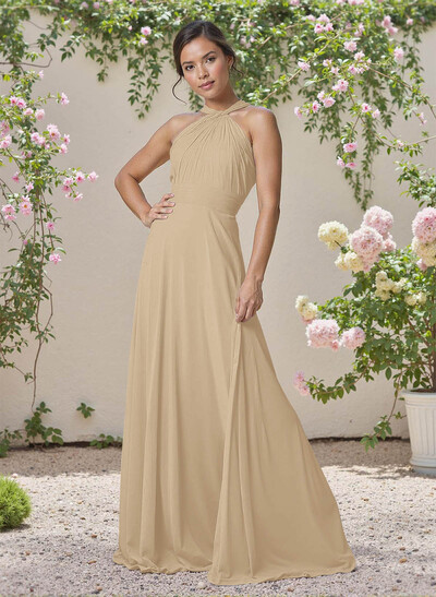 Classic Halter Sleeveless A-Line Floor-Length Chiffon Bridesmaid Dresses