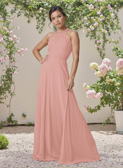 Classic Halter Sleeveless A-Line Floor-Length Chiffon Bridesmaid Dresses
