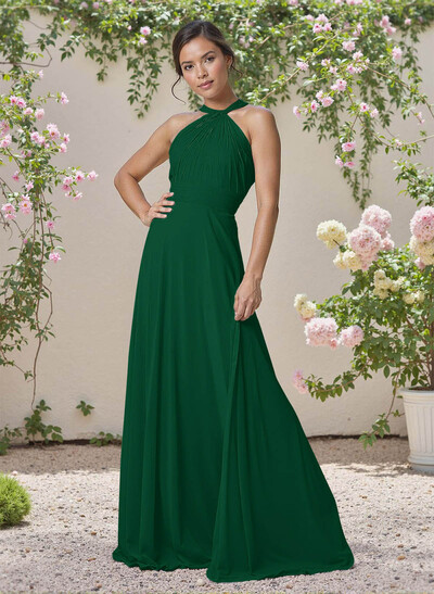 Classic Halter Sleeveless A-Line Floor-Length Chiffon Bridesmaid Dresses