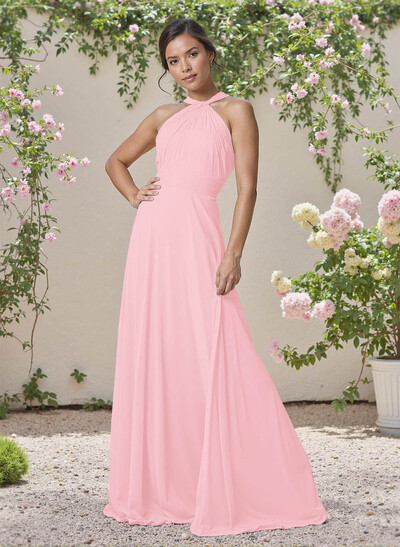 Classic Halter Sleeveless A-Line Floor-Length Chiffon Bridesmaid Dresses