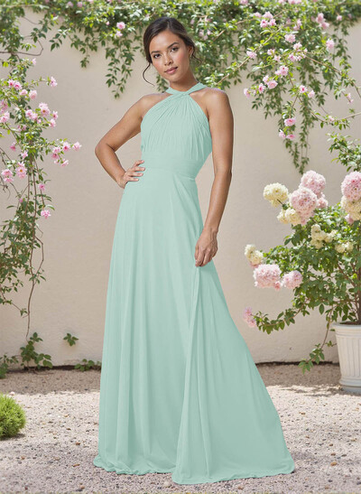 Classic Halter Sleeveless A-Line Floor-Length Chiffon Bridesmaid Dresses