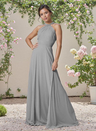 Classic Halter Sleeveless A-Line Floor-Length Chiffon Bridesmaid Dresses