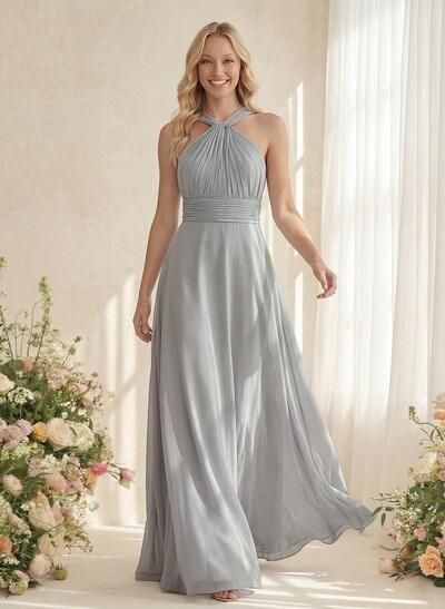Classic Halter Sleeveless A-Line Floor-Length Chiffon Bridesmaid Dresses