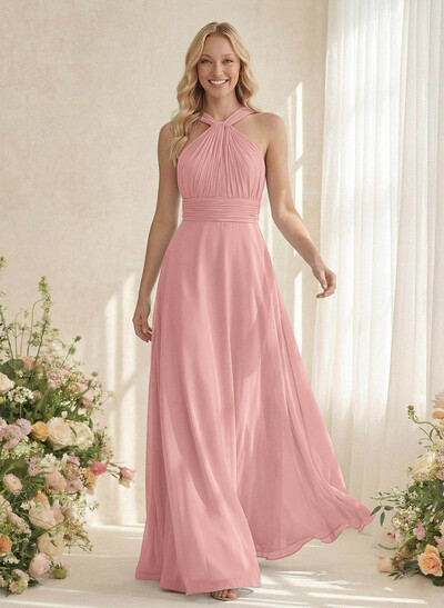 Classic Halter Sleeveless A-Line Floor-Length Chiffon Bridesmaid Dresses