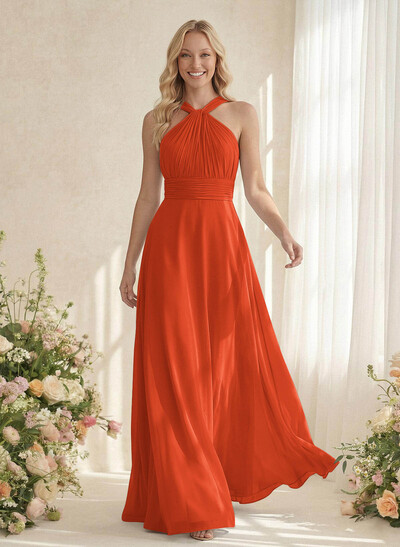 Classic Halter Sleeveless A-Line Floor-Length Chiffon Bridesmaid Dresses