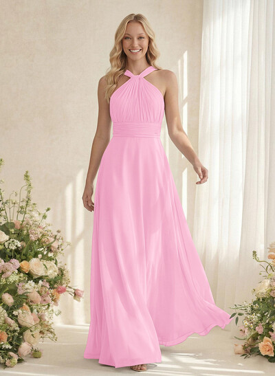 Classic Halter Sleeveless A-Line Floor-Length Chiffon Bridesmaid Dresses