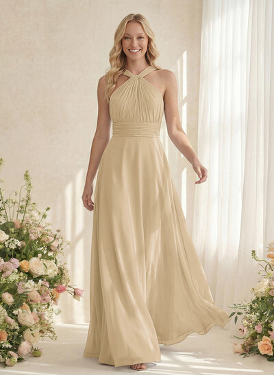 Classic Halter Sleeveless A-Line Floor-Length Chiffon Bridesmaid Dresses
