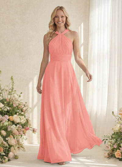 Classic Halter Sleeveless A-Line Floor-Length Chiffon Bridesmaid Dresses