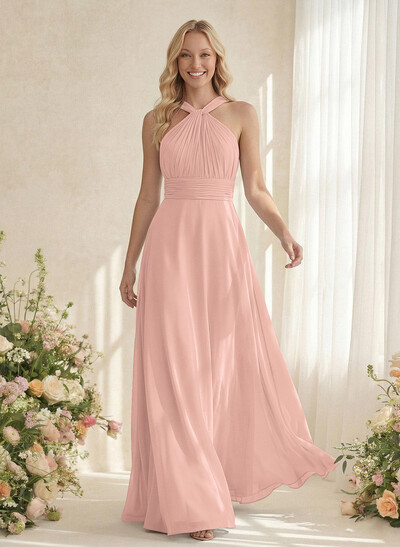 Classic Halter Sleeveless A-Line Floor-Length Chiffon Bridesmaid Dresses