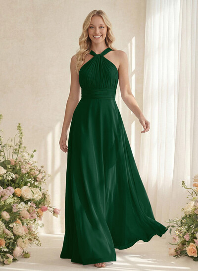 Classic Halter Sleeveless A-Line Floor-Length Chiffon Bridesmaid Dresses