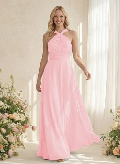 Classic Halter Sleeveless A-Line Floor-Length Chiffon Bridesmaid Dresses