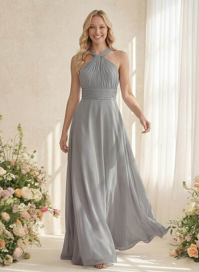 Classic Halter Sleeveless A-Line Floor-Length Chiffon Bridesmaid Dresses