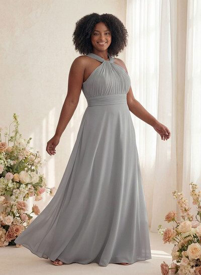 Classic Halter Sleeveless A-Line Floor-Length Chiffon Bridesmaid Dresses