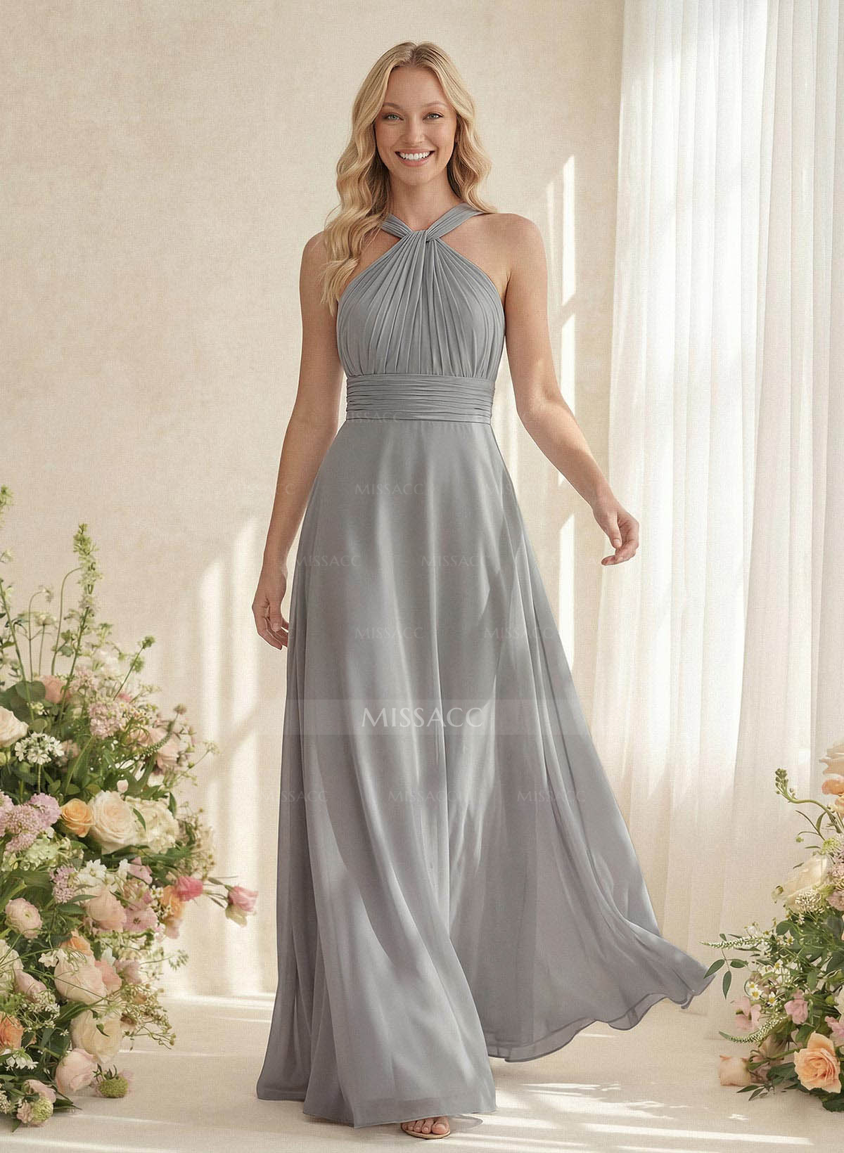Classic Halter Sleeveless A-Line Floor-Length Chiffon Bridesmaid Dresses