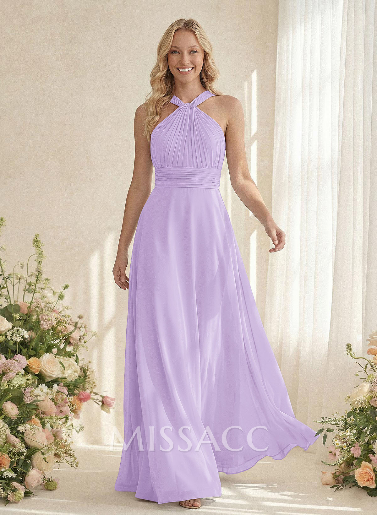 Classic Halter Sleeveless A-Line Floor-Length Chiffon Bridesmaid Dresses Classic Halter Sleeveless A-Line Floor-Length Chiffon Bridesmaid Dresses