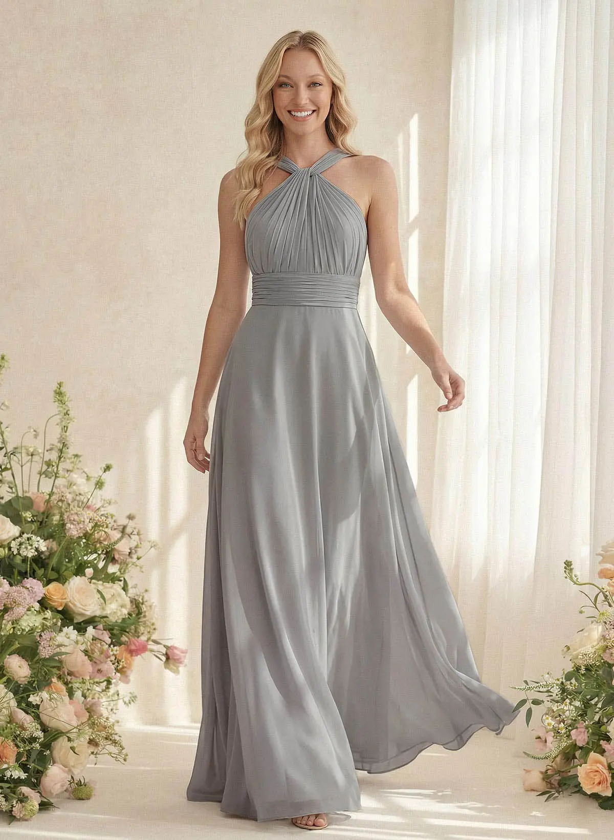 Classic Halter Sleeveless A-Line Floor-Length Chiffon Bridesmaid Dresses Classic Halter Sleeveless A-Line Floor-Length Chiffon Bridesmaid Dresses