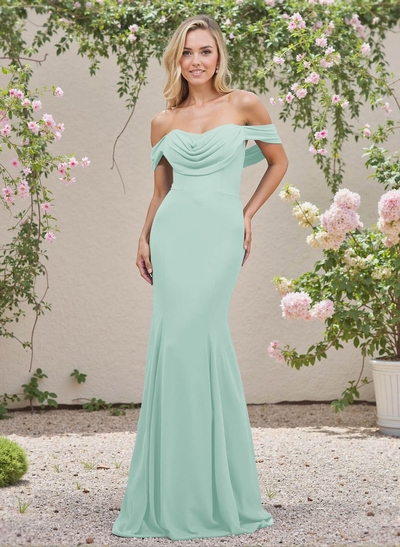 Elegant Ruched Cowl Neck Off-The-Shoulder Mermaid Chiffon Bridesmaid Dresses