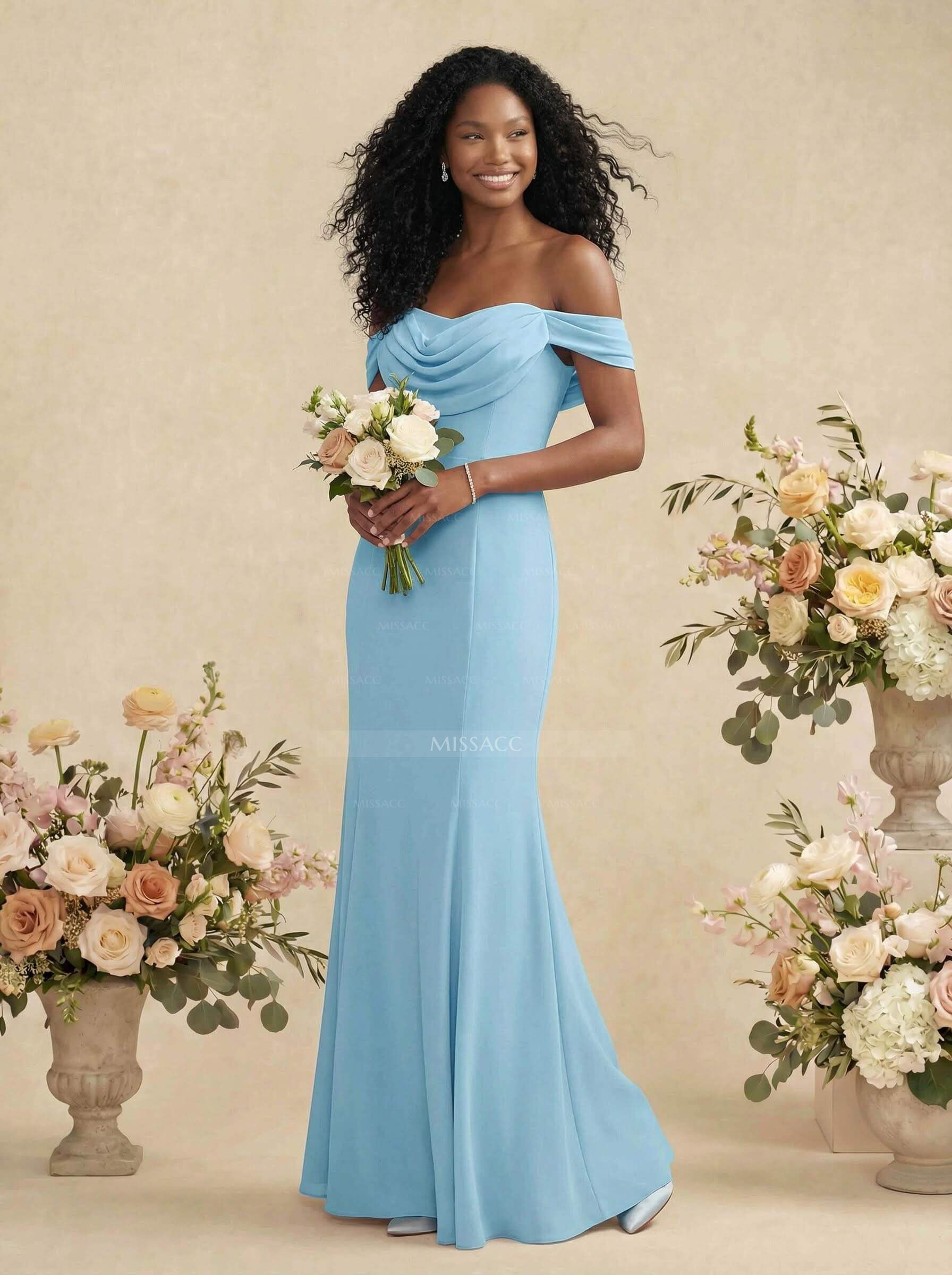 Elegant Ruched Cowl Neck Off-The-Shoulder Mermaid Chiffon Bridesmaid Dresses