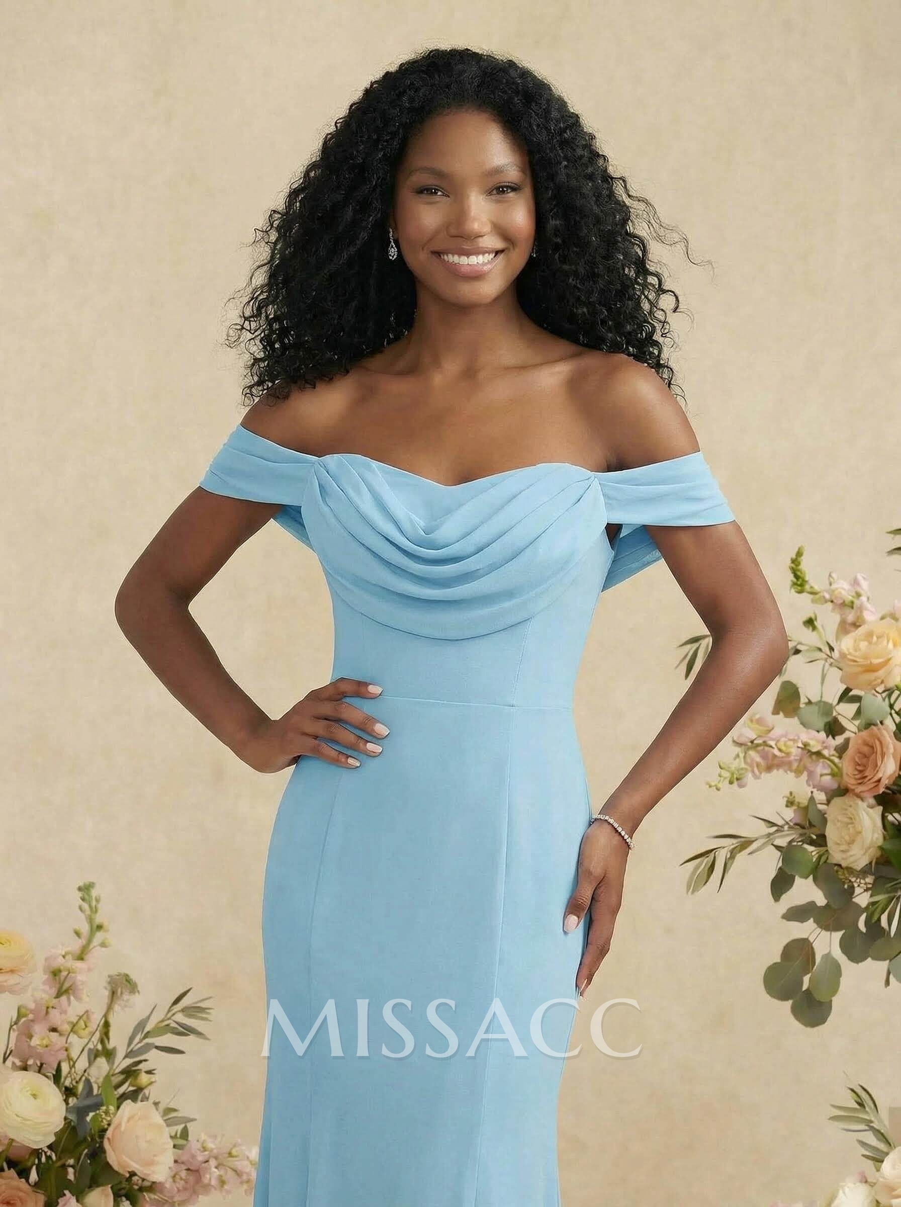 Elegant Ruched Cowl Neck Off-The-Shoulder Mermaid Chiffon Bridesmaid Dresses