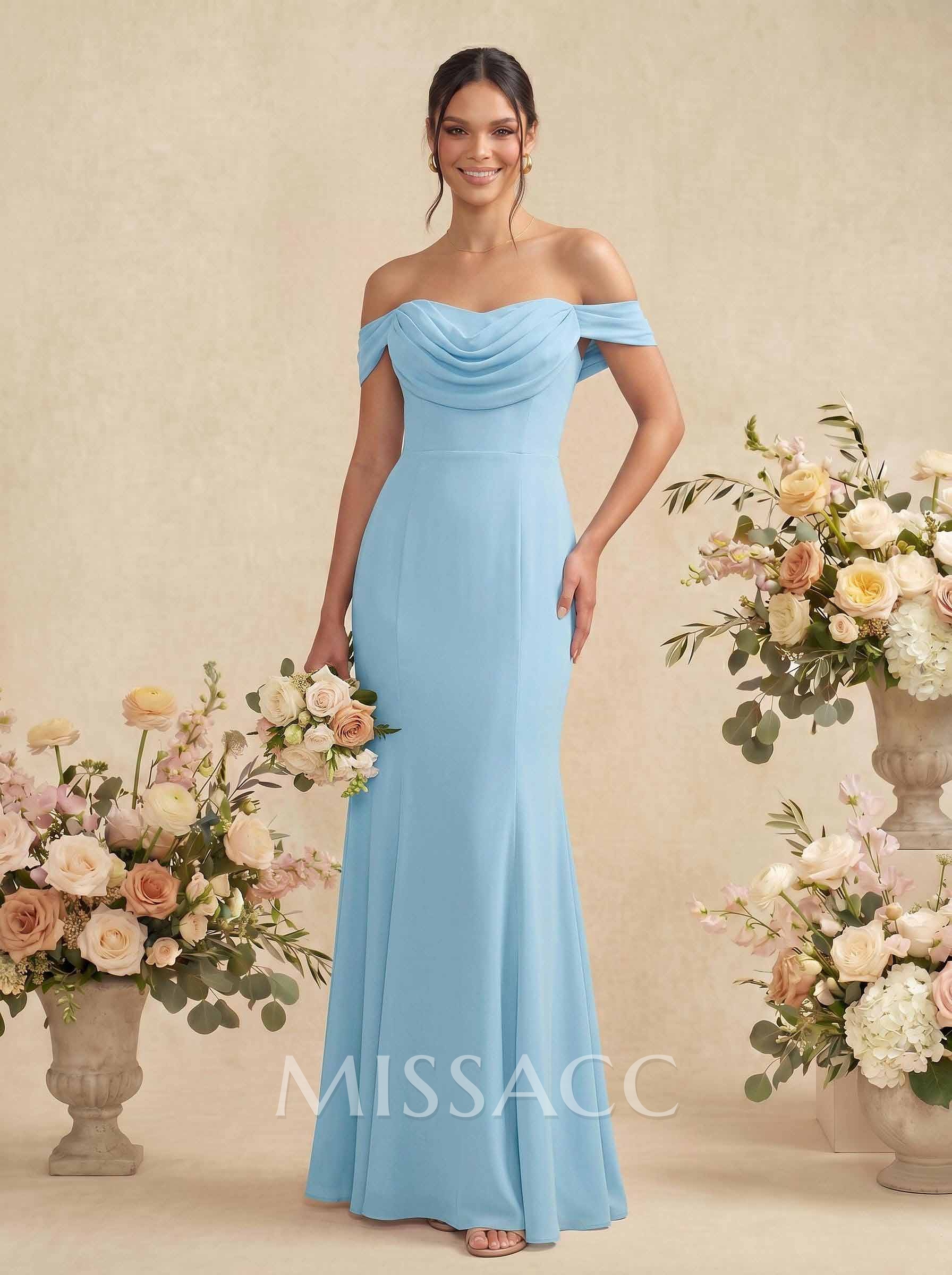 Elegant Ruched Cowl Neck Off-The-Shoulder Mermaid Chiffon Bridesmaid Dresses Elegant Ruched Cowl Neck Off-The-Shoulder Mermaid Chiffon Bridesmaid Dresses