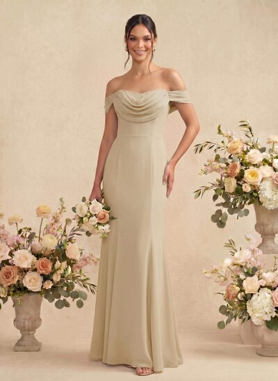 Elegant Ruched Cowl Neck Off-The-Shoulder Mermaid Chiffon Bridesmaid Dresses
