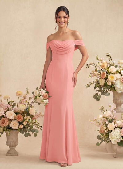 Elegant Ruched Cowl Neck Off-The-Shoulder Mermaid Chiffon Bridesmaid Dresses