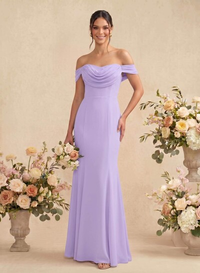 Elegant Ruched Cowl Neck Off-The-Shoulder Mermaid Chiffon Bridesmaid Dresses