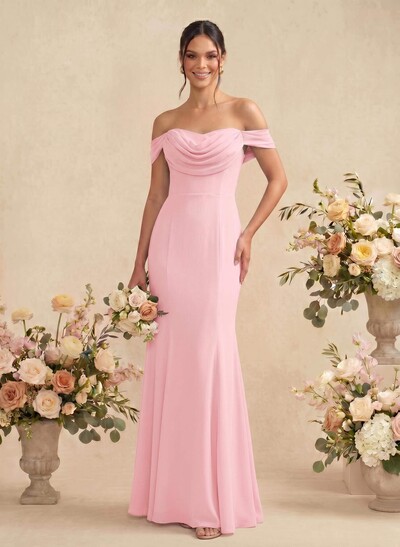 Elegant Ruched Cowl Neck Off-The-Shoulder Mermaid Chiffon Bridesmaid Dresses