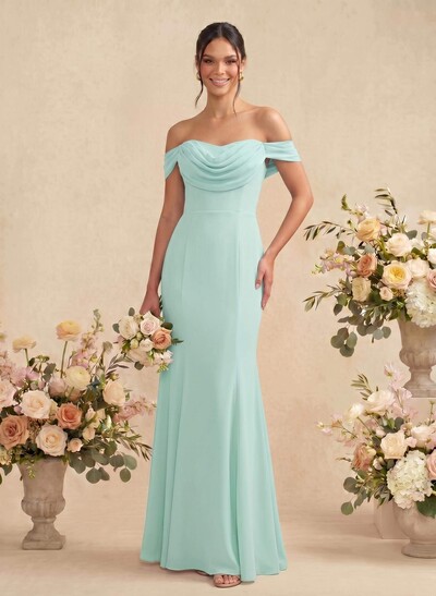 Elegant Ruched Cowl Neck Off-The-Shoulder Mermaid Chiffon Bridesmaid Dresses