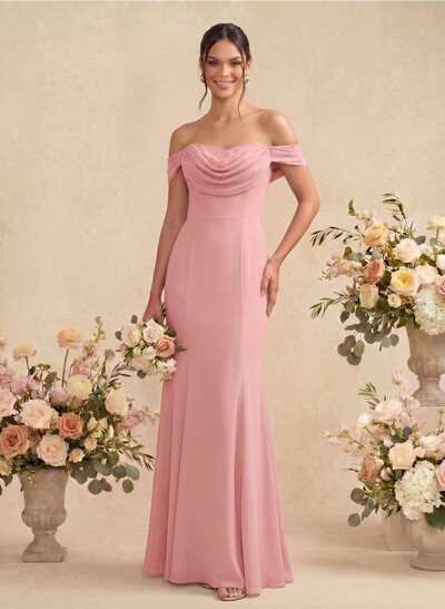Elegant Ruched Cowl Neck Off-The-Shoulder Mermaid Chiffon Bridesmaid Dresses
