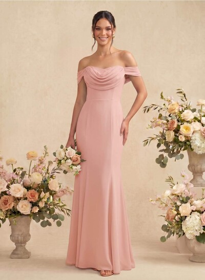 Elegant Ruched Cowl Neck Off-The-Shoulder Mermaid Chiffon Bridesmaid Dresses