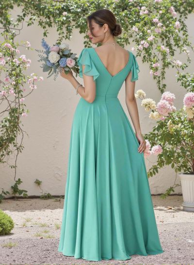 Minimalistic A-Line V-Neck Flutter Sleeve Chiffon Bridesmaid Dresses