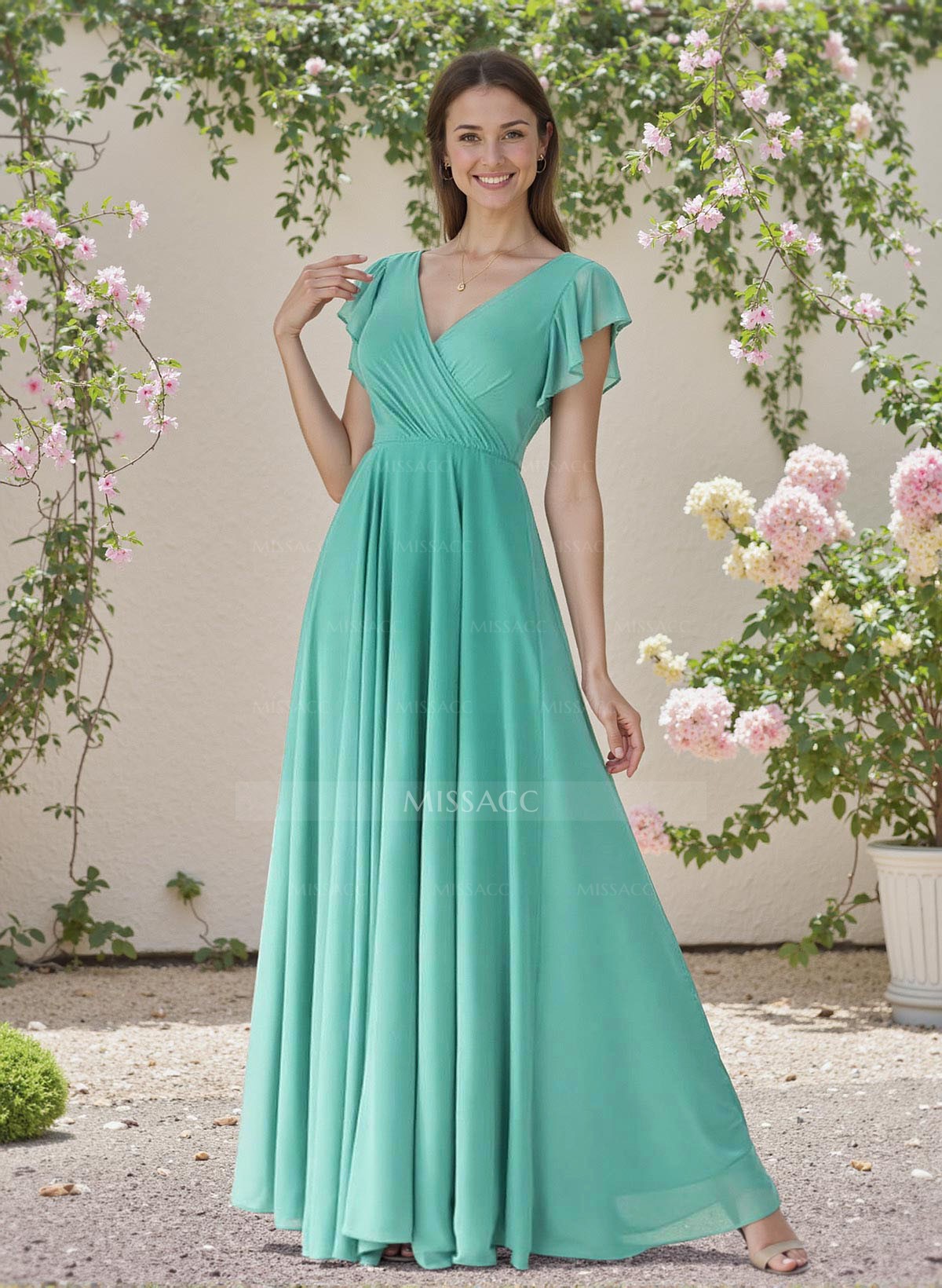 Minimalistic A-Line V-Neck Flutter Sleeve Chiffon Bridesmaid Dresses