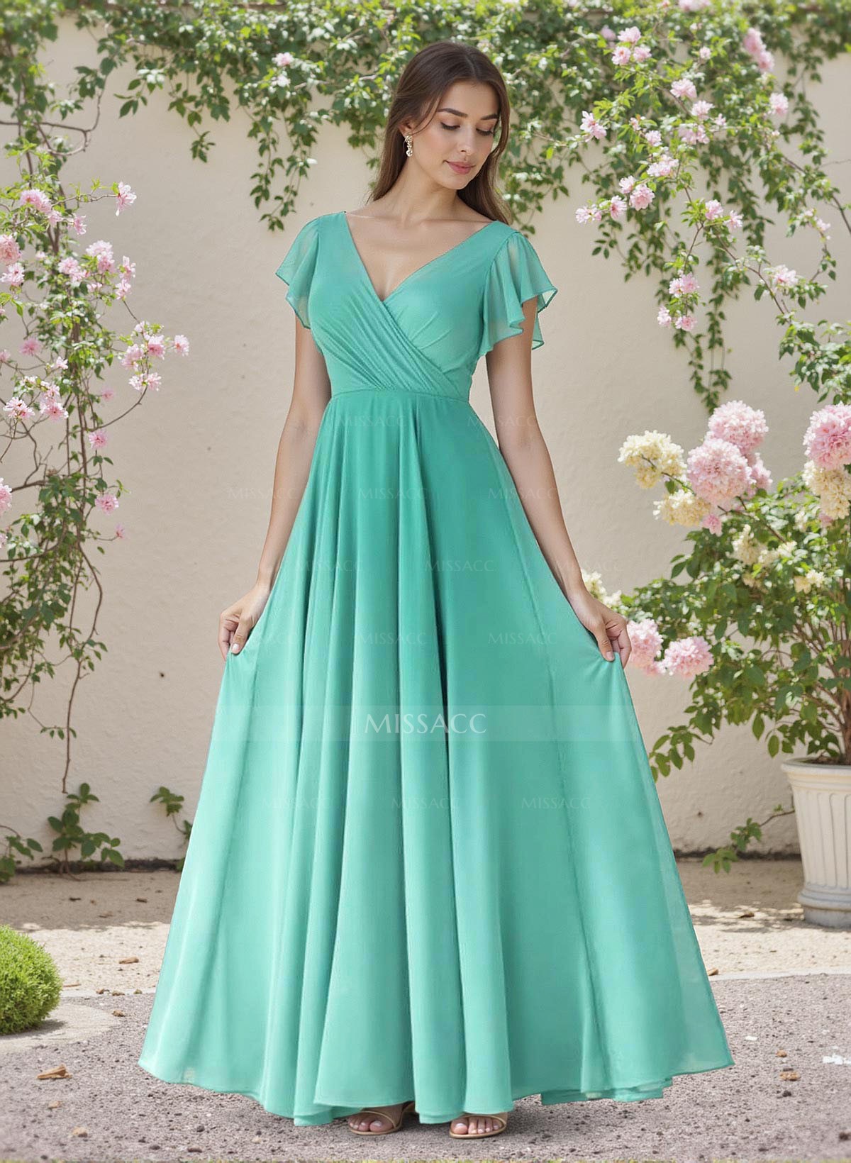 Minimalistic A-Line V-Neck Flutter Sleeve Chiffon Bridesmaid Dresses