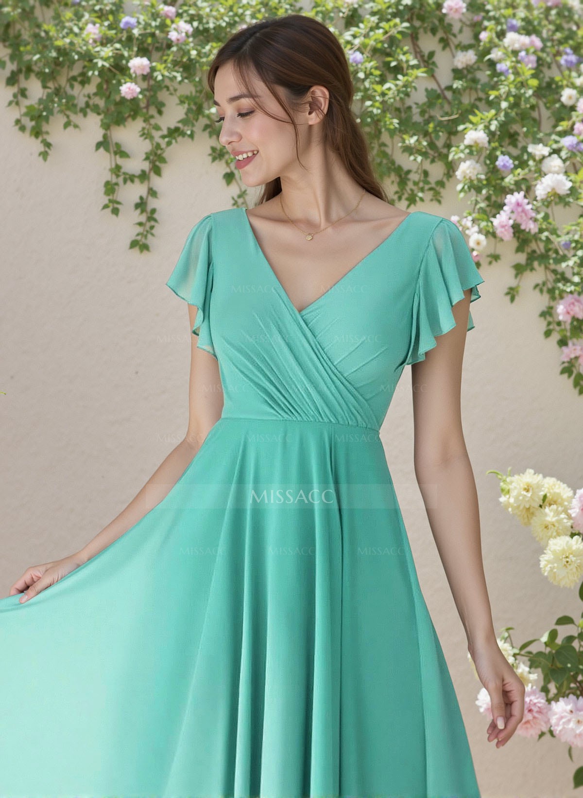 Minimalistic A-Line V-Neck Flutter Sleeve Chiffon Bridesmaid Dresses