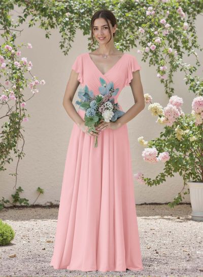 Minimalistic A-Line V-Neck Flutter Sleeve Chiffon Bridesmaid Dresses