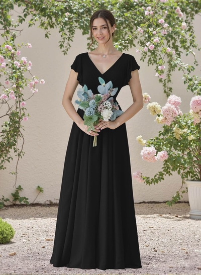 Minimalistic A-Line V-Neck Flutter Sleeve Chiffon Bridesmaid Dresses