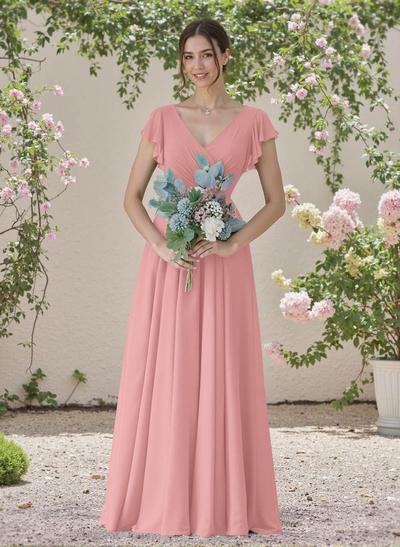 Minimalistic A-Line V-Neck Flutter Sleeve Chiffon Bridesmaid Dresses