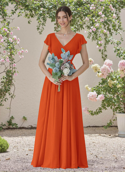 Minimalistic A-Line V-Neck Flutter Sleeve Chiffon Bridesmaid Dresses