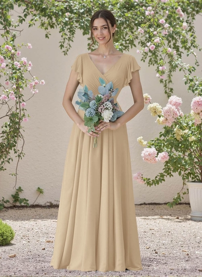 Minimalistic A-Line V-Neck Flutter Sleeve Chiffon Bridesmaid Dresses