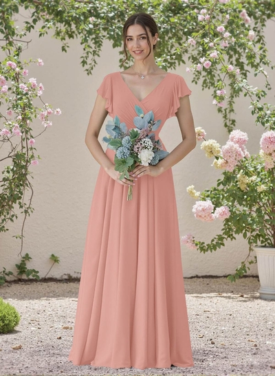 Minimalistic A-Line V-Neck Flutter Sleeve Chiffon Bridesmaid Dresses