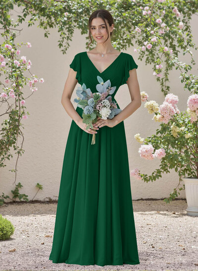 Minimalistic A-Line V-Neck Flutter Sleeve Chiffon Bridesmaid Dresses