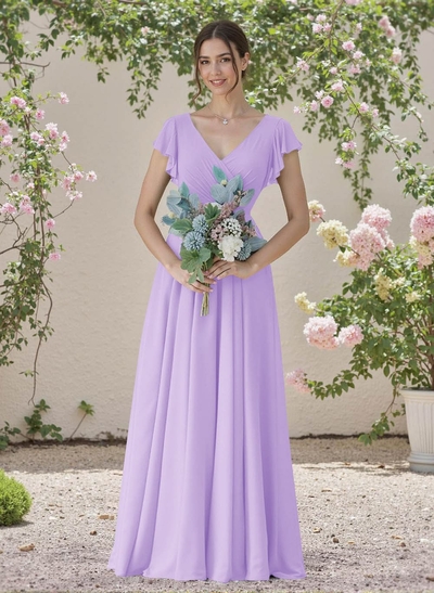 Minimalistic A-Line V-Neck Flutter Sleeve Chiffon Bridesmaid Dresses
