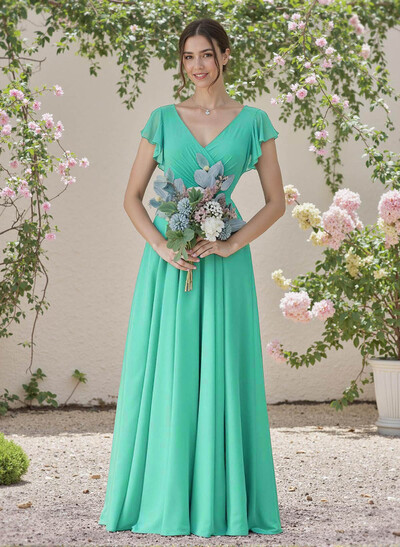 Minimalistic A-Line V-Neck Flutter Sleeve Chiffon Bridesmaid Dresses