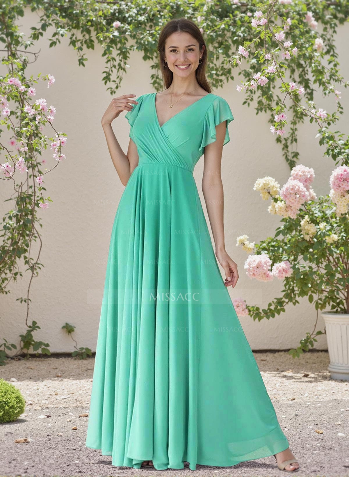 Minimalistic A-Line V-Neck Flutter Sleeve Chiffon Bridesmaid Dresses