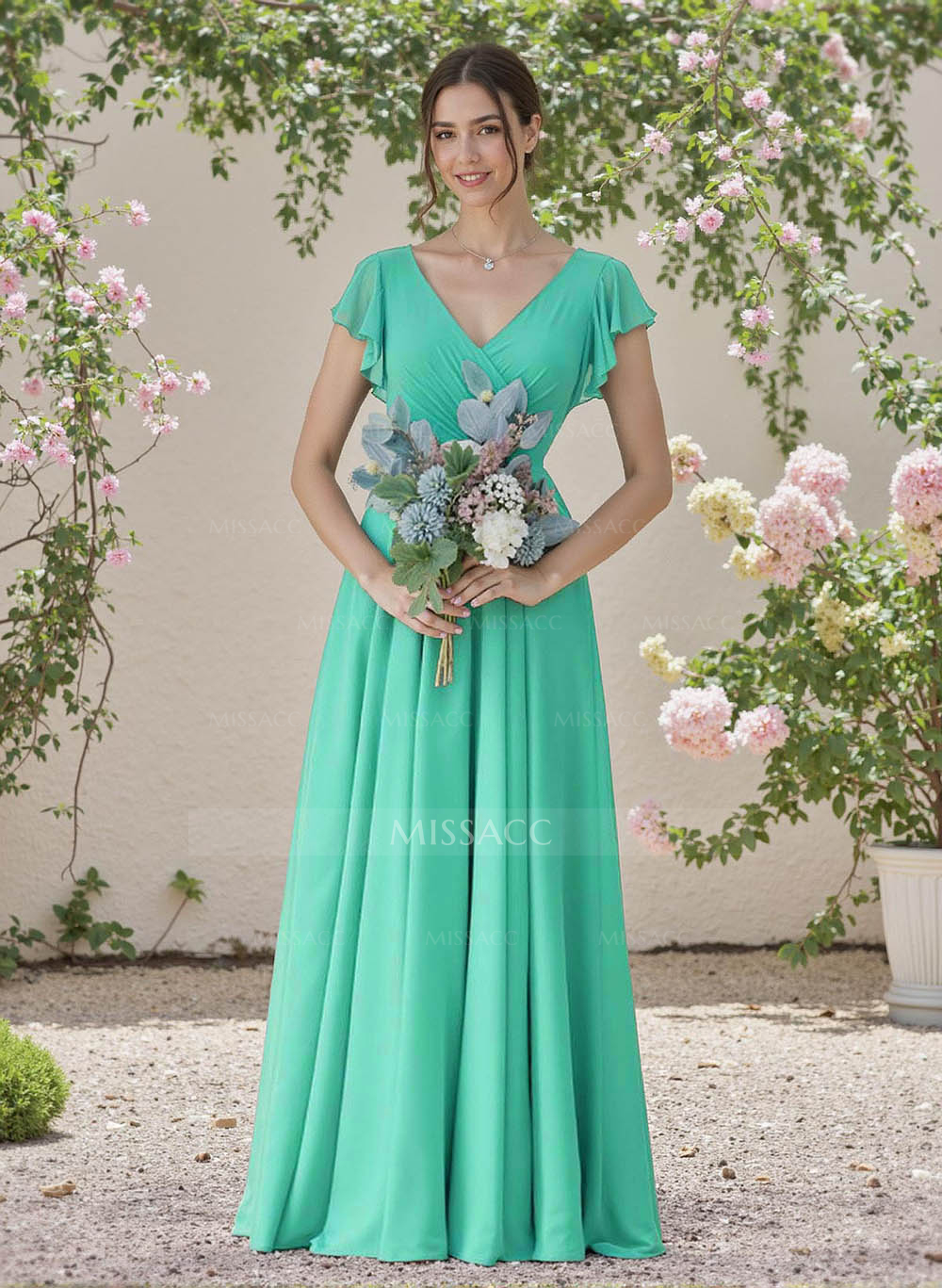 Minimalistic A-Line V-Neck Flutter Sleeve Chiffon Bridesmaid Dresses