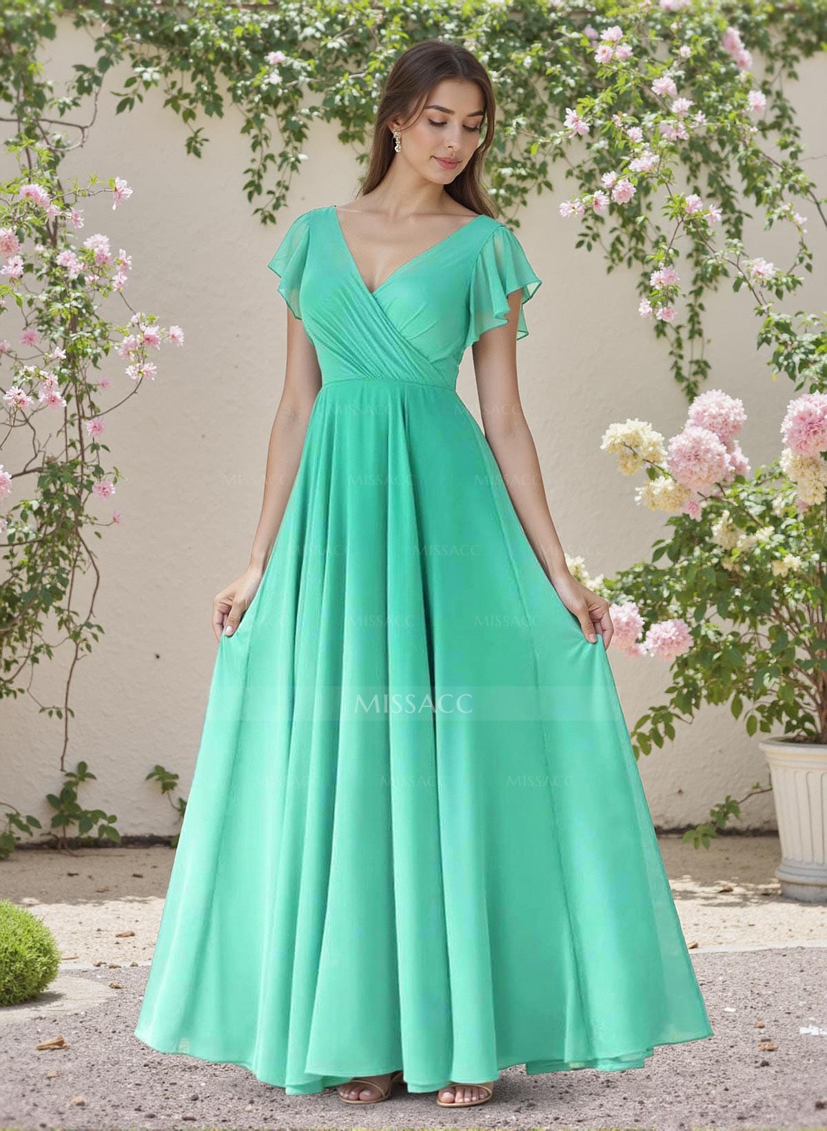Minimalistic A-Line V-Neck Flutter Sleeve Chiffon Bridesmaid Dresses