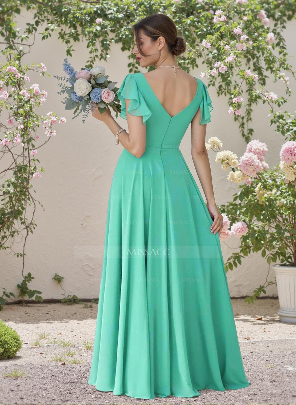 Minimalistic A-Line V-Neck Flutter Sleeve Chiffon Bridesmaid Dresses