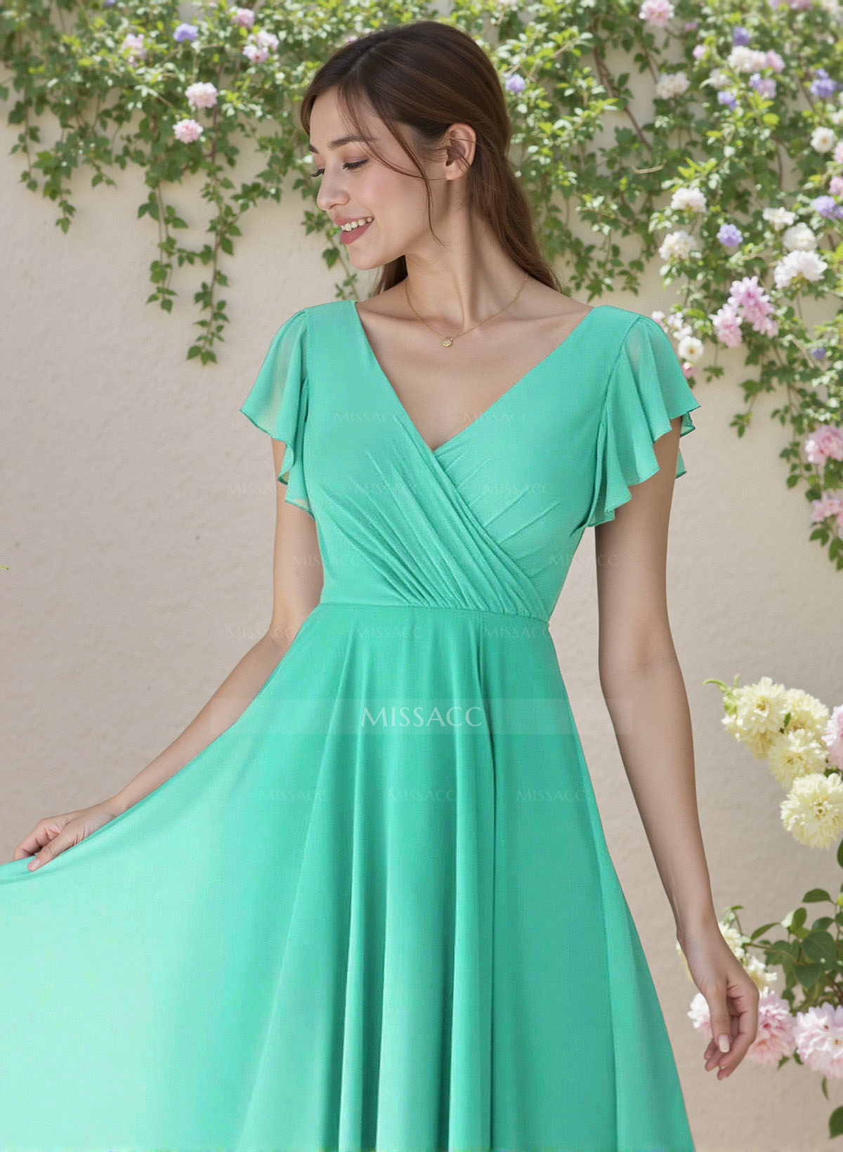 Minimalistic A-Line V-Neck Flutter Sleeve Chiffon Bridesmaid Dresses